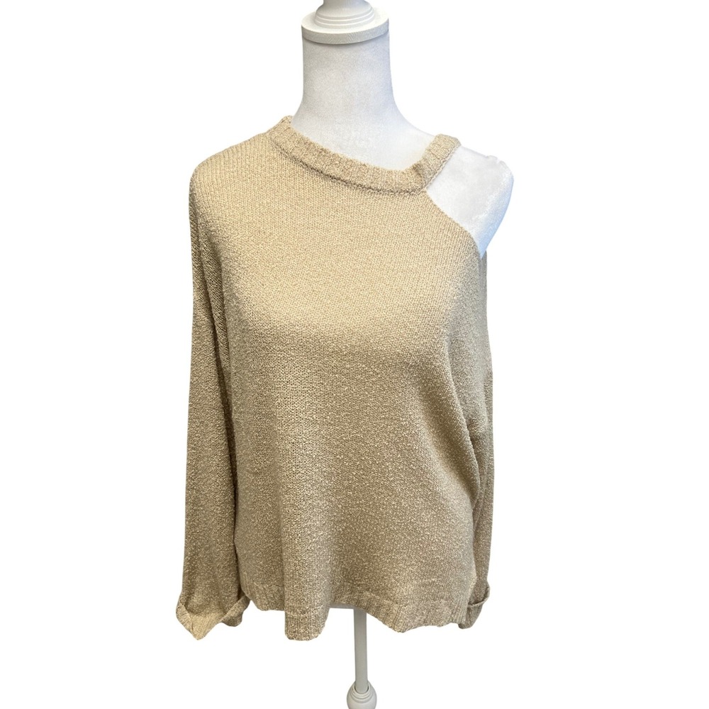 Boho‎ Cold Shoulder Cut Out Sweater Tan Beige Pullover Sz S Neutral Knit Relaxed